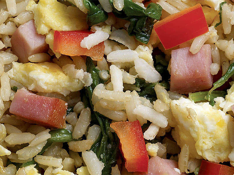 Stir-Fried Green Rice, Eggs, and Ham (Turkey Ham)